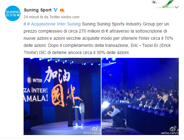 Quanto vale l'Inter, il post di Suning Sport sul suo profilo Weibo
