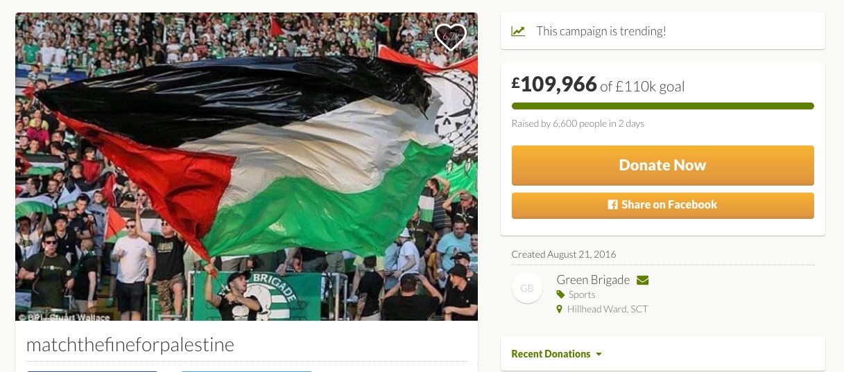 Raccolta fondi dei tifosi del Celtic per bambini palestiensi