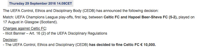 La UEFA punisce il Celtic - Fonte uefa.org