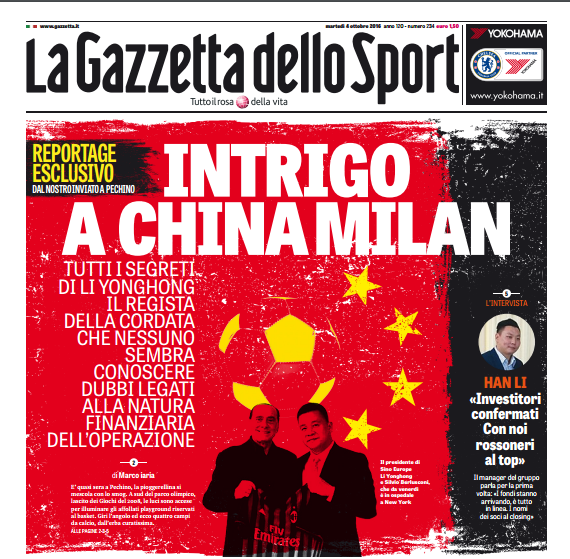 La prima pagina della Gazzetta dello Sport con l'inchiesta sui cinesi del Milan