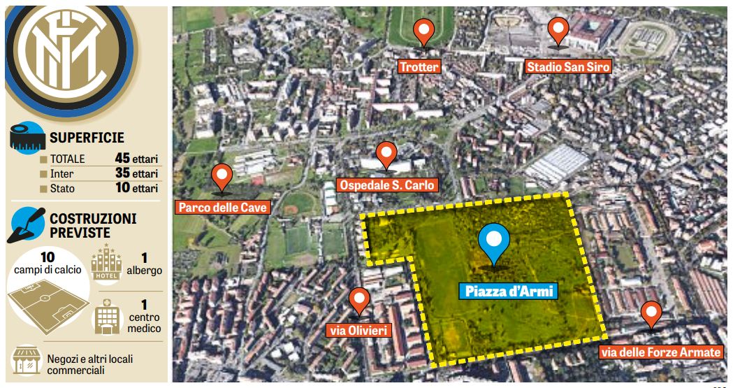L'area dove dovrebbe sorgere la nuova sede Inter a Piazza d'Armi