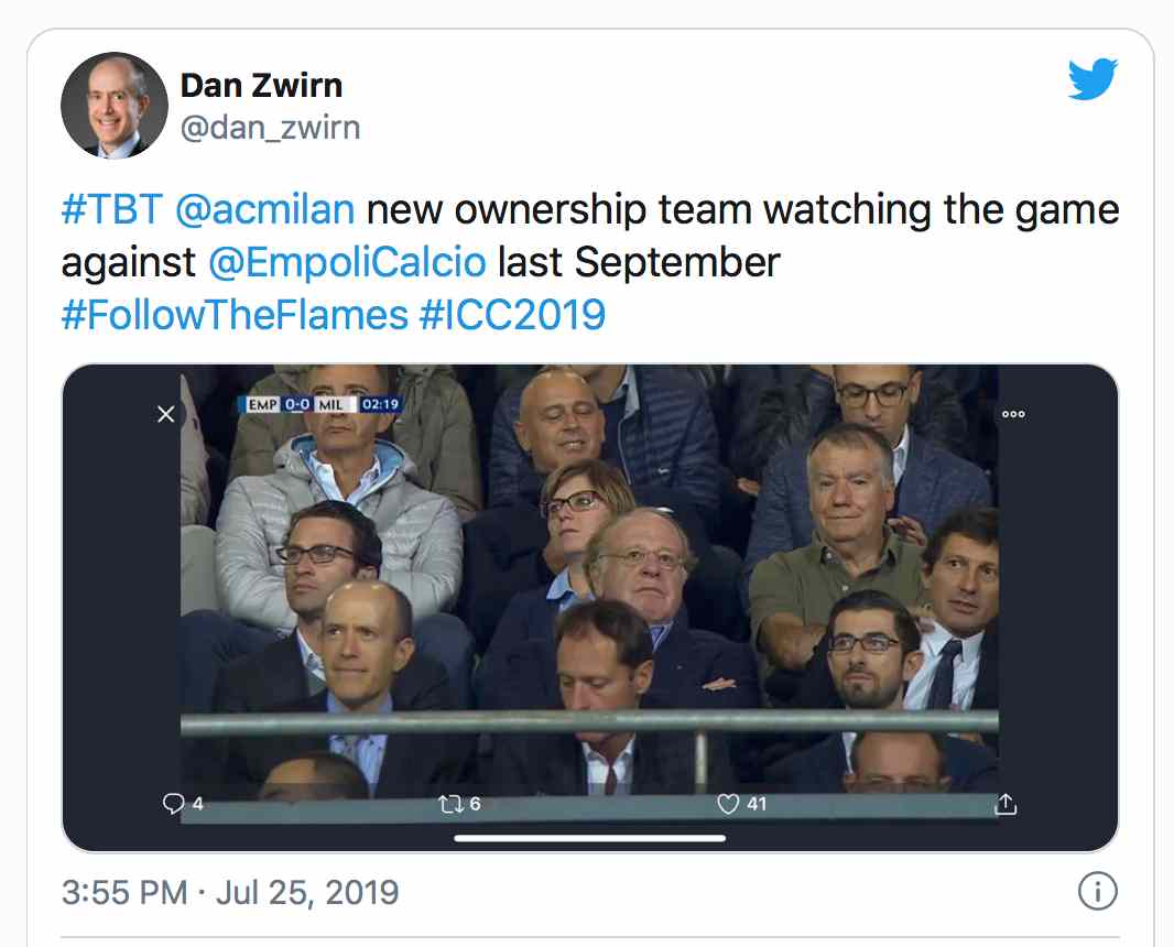 Il finanziere Dan Zwirn in tribuna a San Siro assieme ai manager di Blue Skye per assistere a Milan-Empoli del settembre 2019. Alle loro spalle Gordon Singer, Paolo Scaroni e Leonardo.