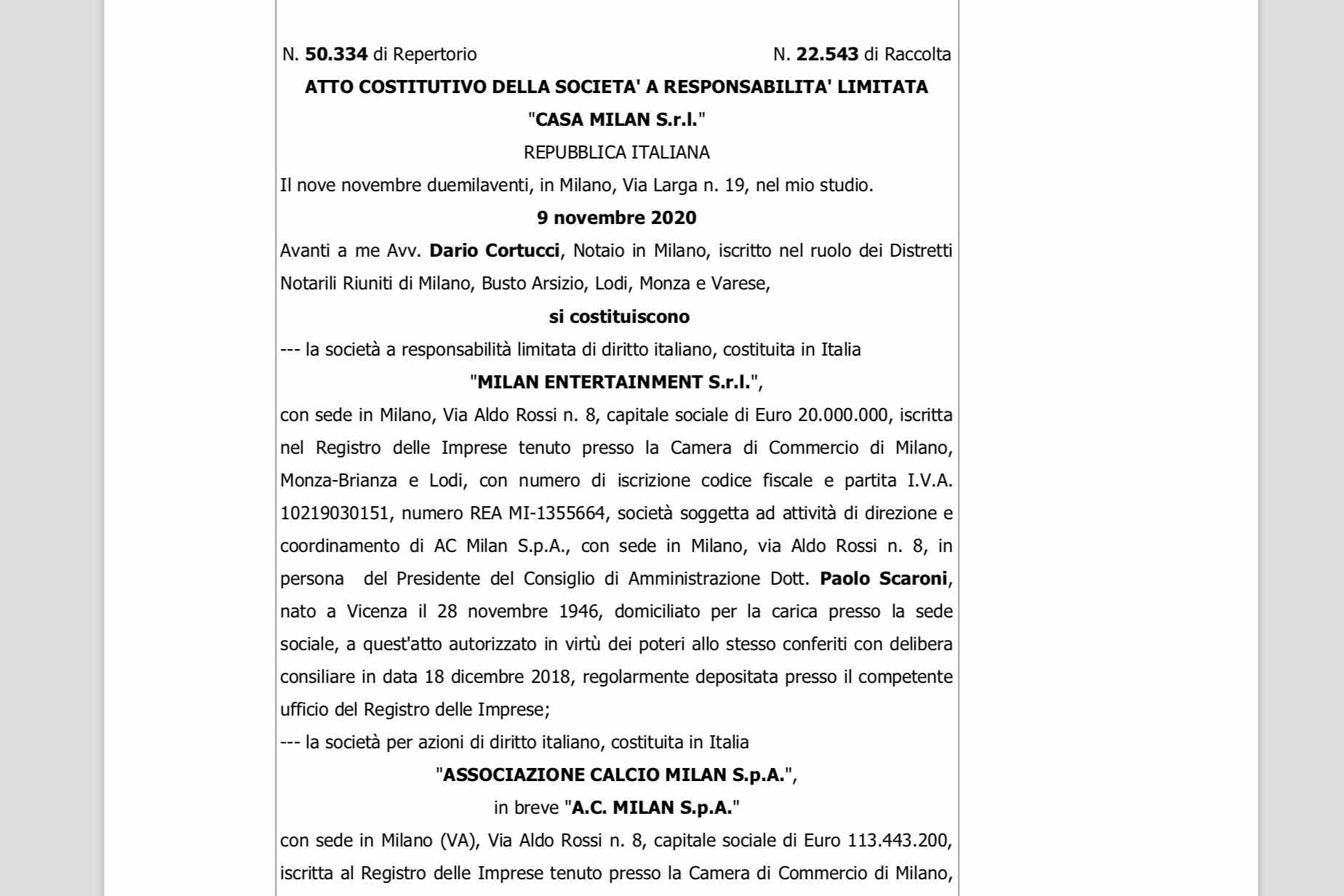 Il Milan si compra Casa Milan: l'atto costitutivo di Casa Milan srl