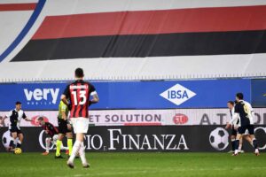 Il logo di Calcio e Finanza sui Led dello stadio Marassi durante Sampdoria-Milan (Photo Matteo Gribaudi / Image Sport / Insidefoto)